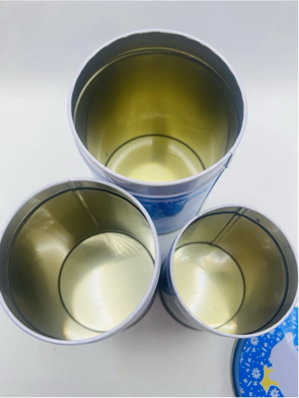 Set of (3) Vintage Country Calico Tin Kitchen Canisters Blue Duck Chick Cow